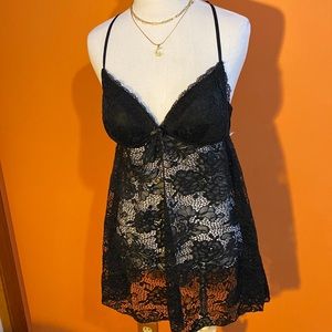 LINEA DONATELLA Chemise Camisole - Black Lacy Cami Top & Thong Panty Set M